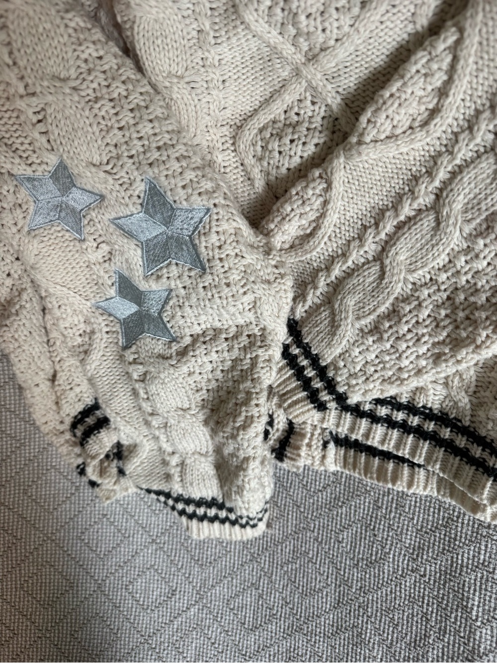 Taylor Swift Cream Cable Knit Cardigan with Black Trim and Silver Star Patches - Picture 4 of 5